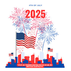 4th of July Fireworks Over City Skyline with American Flag &ndash; Independence Day USA 2025 Vector Illustration