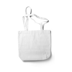 A plain white tote bag with handles, ideal for carrying items or shopping.