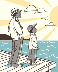 Father and Son Watching Sunrise by the Lake Vector Illustration