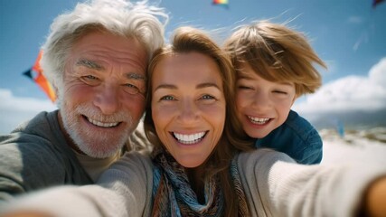 Family takes joyful selfie at beach while colorful kites fly above. Bright sunny day creates cheerful atmosphere. Concept of family time, outdoor activities, happiness