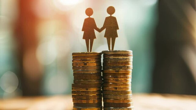 Gender pay gap concept Figures holding hands on stacks of coins