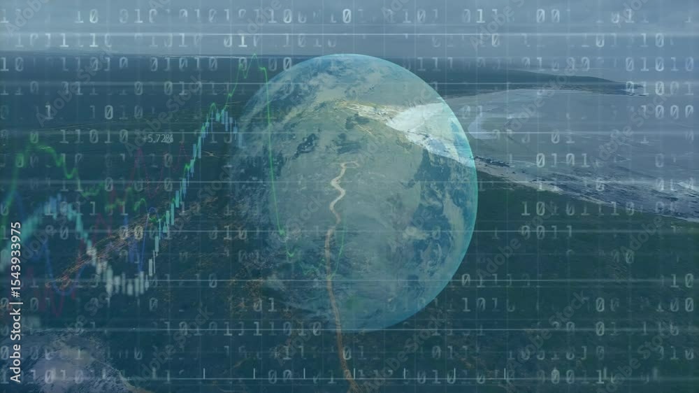 Poster On start rotating globe spinning with binary streaming and line graph rising showing global trends