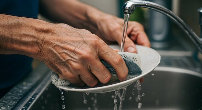 Man washing dishes with a sponge in kitchen sink with running water - Powered by Adobe