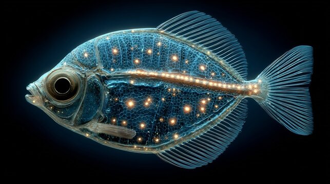 Real image of marine hatchetfish glowing ventral photophores as camouflage mechanism realistic deep ocean depiction