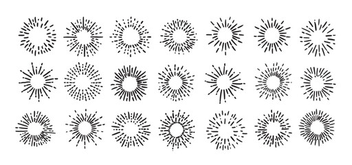 Firework hand drawn icons set. Sun rays images. Vector.	
