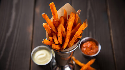 Savory Sweet Potato Fries: A close-up shot of crispy sweet potato fries in a metal cone with two sauces, creating a tantalizing image of delicious food and culinary delight.