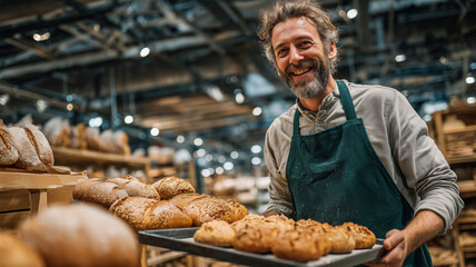 Charismatic baker showcasing fresh artisanal bread at bustling bakery