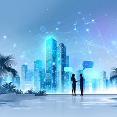 Obraz premium Futuristic city scene with silhouettes of people talking