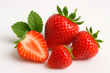 Fresh ripe strawberries with green leaves closeup isolated on white background organic healthy fruit produce