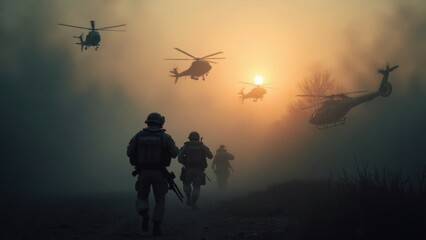 Fototapeta premium Silhouetted soldiers running towards helicopters in foggy sunrise