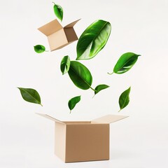 Box with floating green foliage against a bright white background