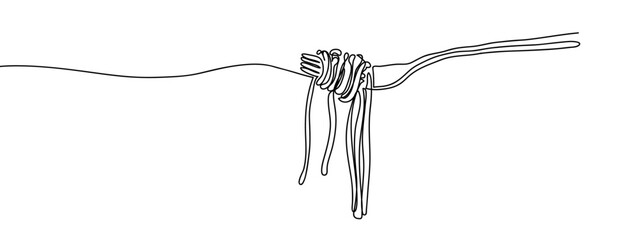 Continuous line, spaghetti rolled on a fork, food illustration Simple art lines on transparent background, editable strokes.