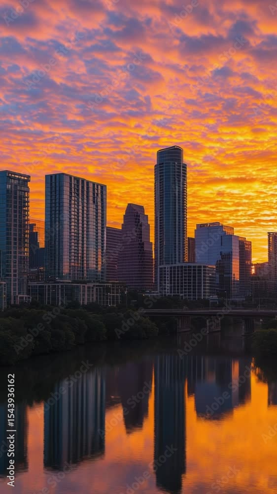 Poster a cityscape with a river running through it, captured during sunset