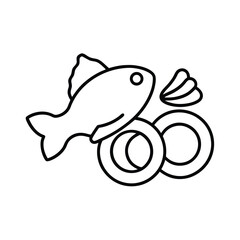 Fried fish with lemon and onion in outline style Vector illustration