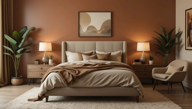 Warm and inviting bedroom with earthy palette, layered bedding, wooden furniture, ambient lamps and a chic armchair reading nook

