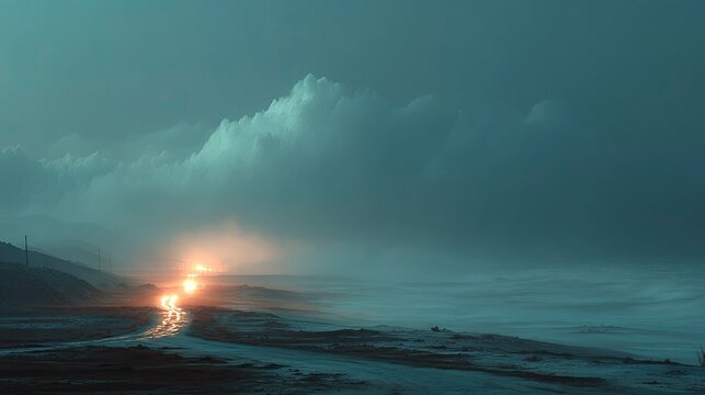 Fog Covered Coastal Landscape at Night with Atmospheric Glow - Powered by Adobe