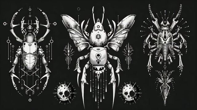 A cyber sigilism vector tattoo, gothic, detailed, thin line weight, bugs,spikey, spheres, Generative AI Videos.
