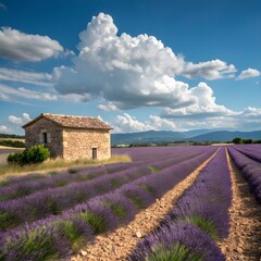 Lavender fields in Provence, rows of purple flowers leading to a small stone cottage, blue sky with fluffy white clouds.
