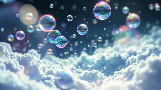 Transparent soap bubbles reflect the blue sky and sun, floating in the air and rising through clear aqua water 4k unique Abstract video