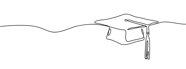 Continuous line, graduate hat Simple art lines on transparent background, editable strokes.