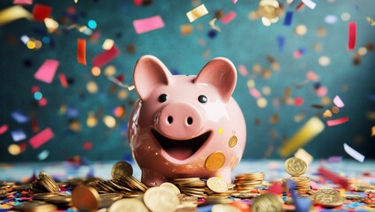 Happy Piggy Bank with Coin Savings, and Celebration.