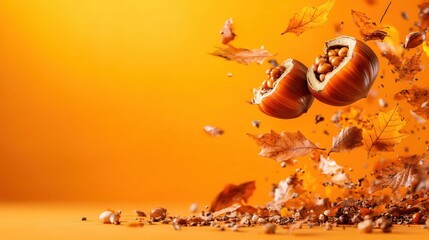 This artistic capture of split hazelnuts and swirling autumn leaves evokes the beauty of nature and the cozy essence of the fall season in a creative visual representation.