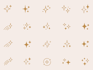 Whimsical Gold Star and Sparkle Icon Set – Shooting Stars, Small Sparkles, and Distinct Star Shapes on a Textured Light Beige Background – Magical Celestial Vector Pattern for Prints, Decor, & Graphic