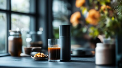An aesthetically pleasing coffee moment is captured, showcasing a modern glass tumbler and sleek coffee maker, emphasizing the beauty of daily rituals in cozy environments.