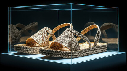Light-beige woven sandals in a glass display box