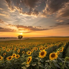 Obraz premium A wide open field of sunflowers stretching to the horizon, under a golden sunset sky, gentle breeze moving the petals.