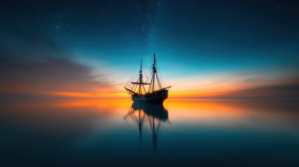A majestic sailing ship silhouetted against a spectacular starry night sky, reflecting on still waters, creating a serene and dreamlike atmosphere perfect for exploration and adventure.