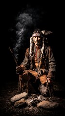 Fototapeta premium Native American man meditating by fire