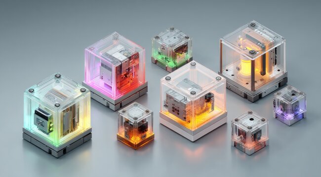 Seven translucent cube enclosures showcase vibrant internal circuitry, illuminated with multicolored LEDs, set against a neutral gray backdrop