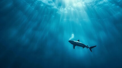 Fototapeta premium The Majestic Shark Swimming In The Deep Blue Sea Sunlight Highlights
