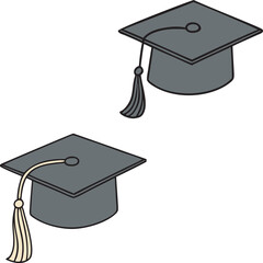 Dual Graduation Cap Illustration – Black Mortarboards with Flat Rounded Tops, One with Black Tassel One with White Tassel – Classic Academic Achievement Icons for Education Logos, Graduation Design