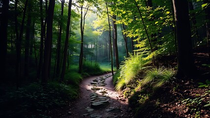 Fototapeta premium Sunlit Forest Trail Peaceful Pathway Through Lush Green Woods For Nature Backgrounds Hiking Websites And Environmental Design Projects