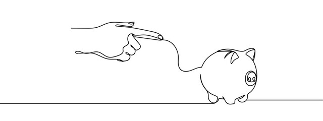 Continuous line, hand pointing finger to piggy bank, financial business illustration, concept Simple art lines on transparent background, editable strokes.