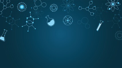 Technology inspired science background featuring glowing lab flasks test tubes atoms gears and molecules on a dark blue gradient backdrop perfect for research or education themes