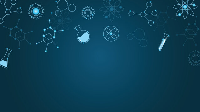 Technology inspired science background featuring glowing lab flasks test tubes atoms gears and molecules on a dark blue gradient backdrop perfect for research or education themes