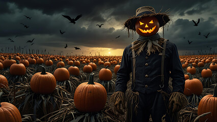 A pumpkin-headed scarecrow with glowing eyes, standing in a dark cornfield under stormy skies, surrounded by crows with human eyes.