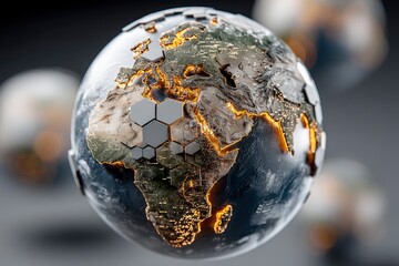 Global Network Mesh: Illuminated Earth Globe with Hexagonal Pattern