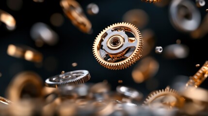An array of intricate floating gears in a strikingly detailed and dynamic composition, symbolizing mechanics, technology, and the interconnectedness of ideas and innovation.