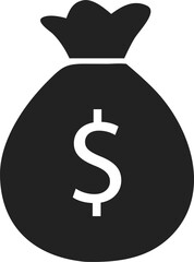 Black Silhouette Money Bag Icon – Classic Rounded Currency Bag with Tied Top and Bold Dollar Sign ($) Centered – Financial Symbol for Wealth, Investment, Banking, and Business Graphics