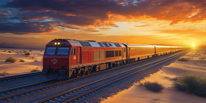 ast train moves under desert sunset with long track lines