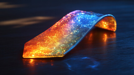 A vibrant tie, glowing with iridescent colors, rests on a dark surface.  Its material reflects light, displaying a spectrum of orange, yellow, and blue hues