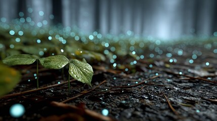 Night rain falling forest ground with bioluminescent leaf litter glowing in patches realistic wet textures and atmospheric lighting