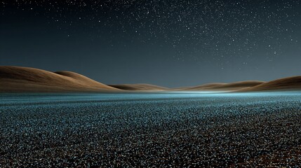 Night desert landscape bioluminescent sand particles glowing under starlight surreal dry terrain with mysterious shimmer