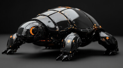 Dark, metallic turtle robot, sleek design.  Orange accents