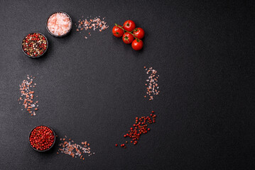 Ingredients for cooking cherry tomatoes, salt, spices and herbs