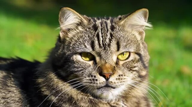 Tabby cat meowing in grassy field. Fluffy striped cat in natural outdoor setting. Panting tabby with yellow-green eyes.